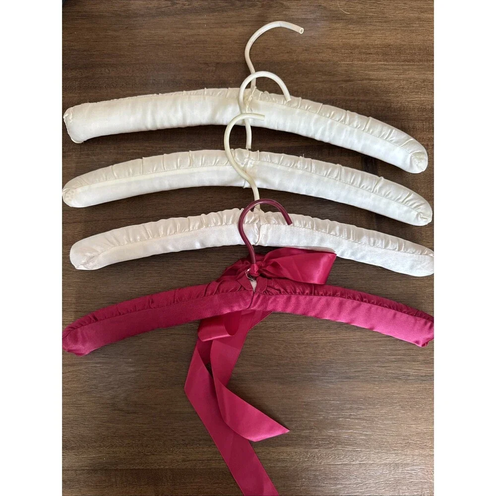 Vintage Padded Satin Silk Lingerie Hangers Set Of 4 Cream / Burgundy
